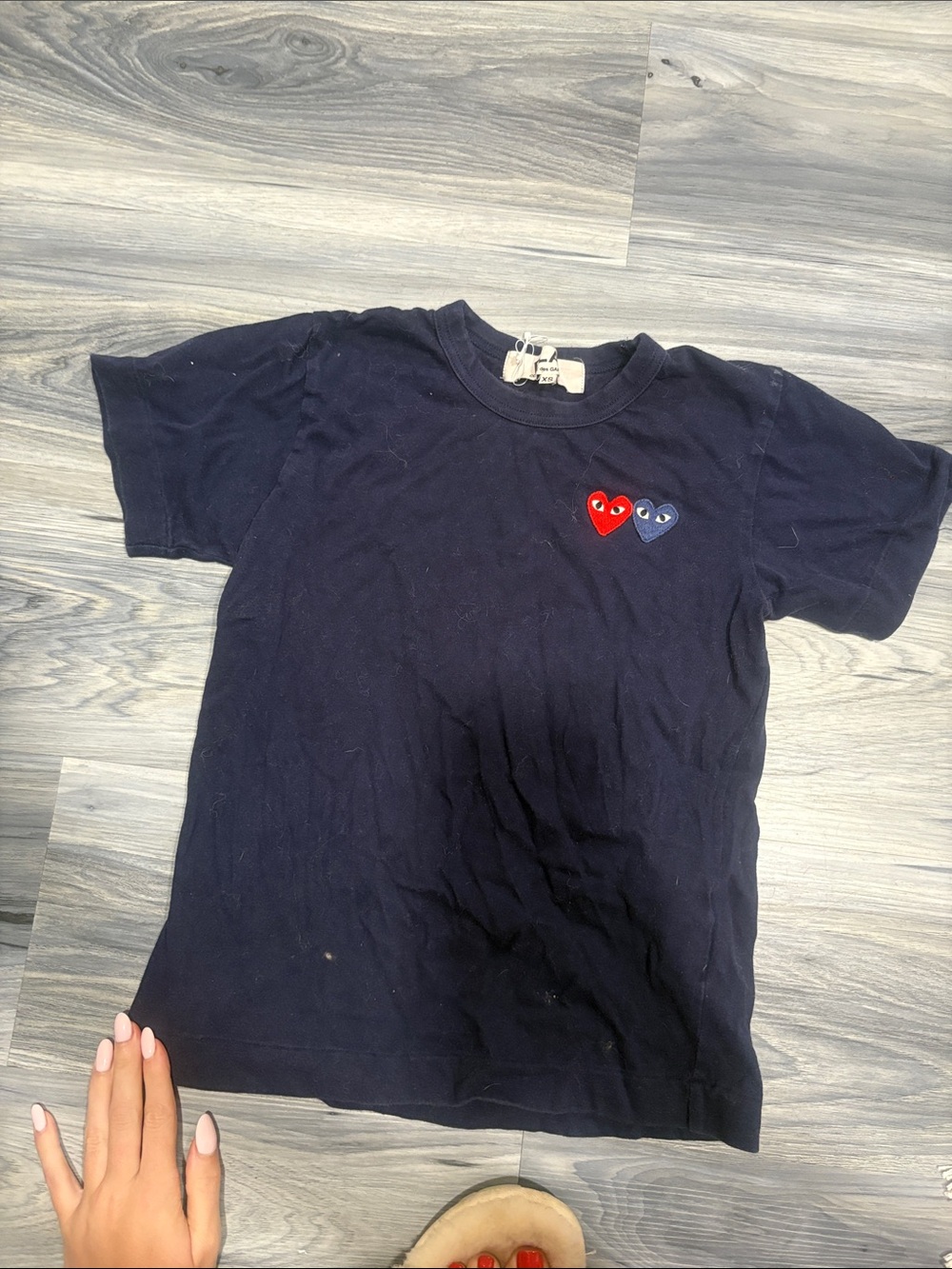 Comme des Garcons PLAY Navy Tee with Red & Blue Heart Patch XS